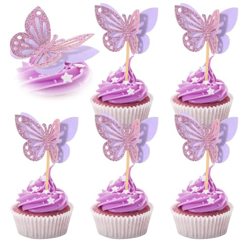 Tyqour 48 Stück Schmetterling Cupcake Topper Lila 3D Schmetterling Tortendeko Glitter Tortendeko Schmetterling Lila Muffin Deko für Valentinstag Hochzeit Geburtstag Party Jahrestag Babyparty von Tyqour