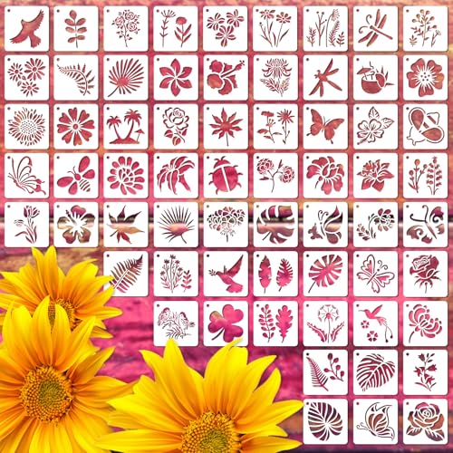 Tyqour 64 Stück Blumen Schablone Blätter Malerei Schablonen Set Wildflower Stencils for Painting Wiederverwendbar Wildblumen Schablonen zum Malen,Malschablonen für Scrapbooking Holz Boden Wand von Tyqour