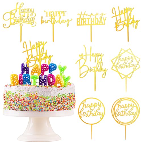 Tyqour 8 Stück Goldenes Happy Birthday Tortendeko Cake Topper Geburtstag Torten Topper Acryl Glitter Cupcake Deko für Mädchen, Kinder, Hochzeit, Babyparty Jubiläen Party Dekoration von Tyqour