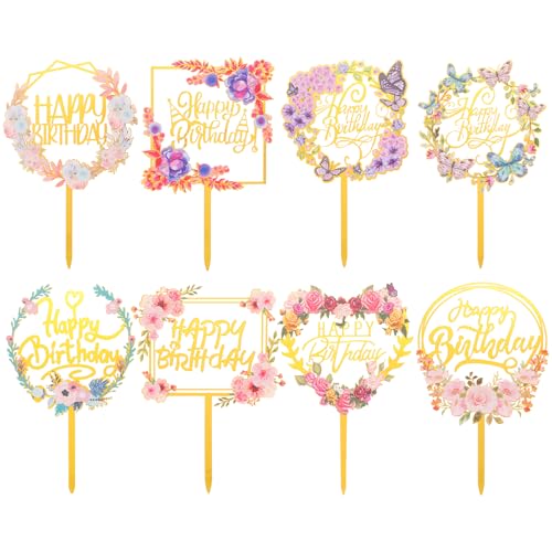 Tyqour 8 Stück Happy Birthday Tortendeko Gold Acryl Glitter Cupcake Topper Kuchen Deko Geburtstag Girlande Herze Sternen Cake Topper, Happy Birthday Deko für Mädchen, Kinder, Mutter Geburtstag von Tyqour