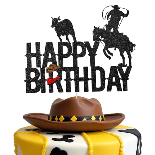 Tyqour Happy Birthday Tortendeko Western Cowboy Themed Cake Topper Geburtstag Torten Topper Acryl Glitter Cupcake Deko für Babyparty Jubiläen Party Dekoration, Junge Mädchen, Kinder, Hochzeit von Tyqour