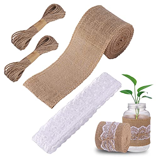 1 Stück 10m Natürliche Juteband mit 1 Stück 10 Yard lange Spitzenband und 2 Stück 10m Juteseil, Juteband mit Spitze Weiß für DIY Handwerk, Geschenkverpackung, Geburtstag Hochzeit Weihnachten Deko von Hejo