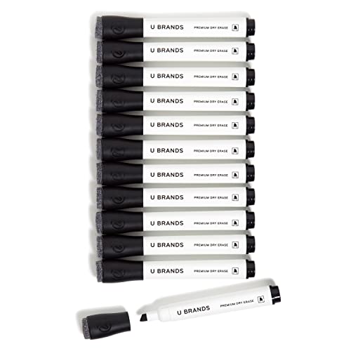 U Brands Geruchsarme, trocken abwischbare Marker mit Radiergummis, 12 Stück, Keilspitze (5 mm) Spitze, Schwarz von U Brands