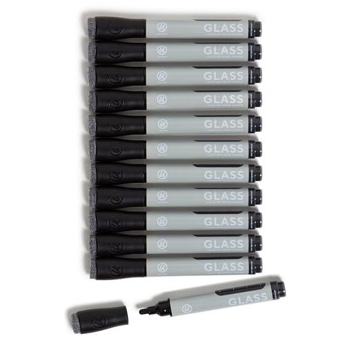 U Brands Liquid Glass Board Dry Erase Marker mit Radiergummis, 12 Stück, schwarz, geruchsarm, Rundspitze (3 mm) von U Brands