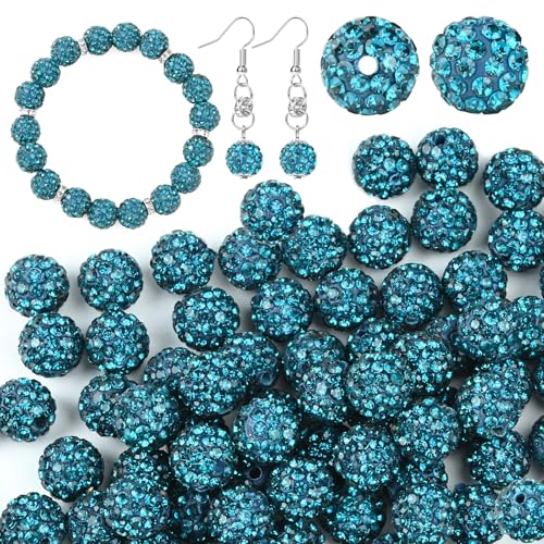 U-LIAN 100 Stück 10 mm Strass-Perlen, blaugrün, glänzend, runde Discokugel-Perlen, Polymer-Ton, Strassperlen, runde Kristall-Diamantperlen für Armband, Halskette, Ohrringe, Schmuckherstellung von U-LIAN