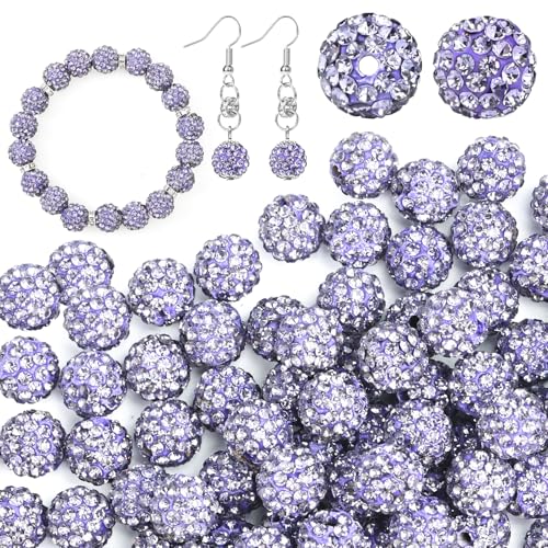 U-LIAN 100 Stück 10 mm Strass-Perlen, lila, glänzend, rund, Discokugel-Perlen, Polymer-Ton, Strass, Perlen, runde Kristall-Diamant-Perlen für Armband, Halskette, Ohrringe, Schmuckherstellung von U-LIAN