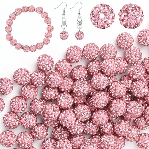 U-LIAN 100 Stück 10 mm Strass-Perlen, rosa, glänzend, rund, Discokugel-Perlen, Polymer-Ton, Strass, Perlen, runde Kristall-Diamantperlen für Armband, Halskette, Ohrringe, Schmuckherstellung von U-LIAN