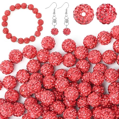 U-LIAN 100 Stück 10 mm Strass-Perlen, rot, glänzend, rund, Discokugel-Perlen, Polymer-Ton, Strass, Perlen, runde Kristall-Diamantperlen für Armband, Halskette, Ohrringe, Schmuckherstellung von U-LIAN