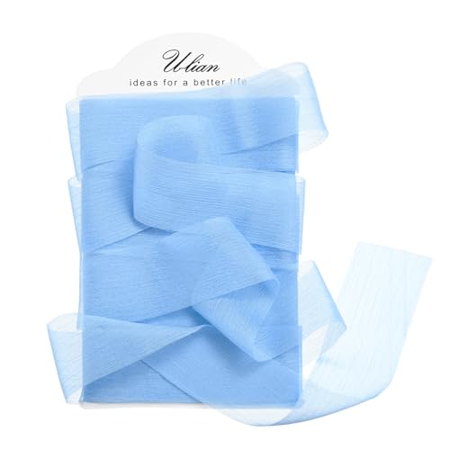 U-LIAN Blaues Band, knisterndes Chiffon, 3,8 cm x 12 m, handgefertigtes Fransen-Chiffonband für Hochzeitseinladungen, Brautsträuße, Geschenke, Verpackungen, Bastelarbeiten von U-LIAN