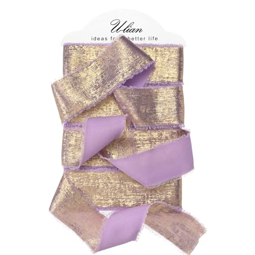 U-LIAN Chiffonband, lila, metallisch, 3,8 cm x 16 m, goldfarben, Seide, Chiffon, Glitzer, schimmernd, handgefertigt, ausgefranste Bänder für Hochzeitseinladungen, Brautsträuße, Geschenke, von U-LIAN