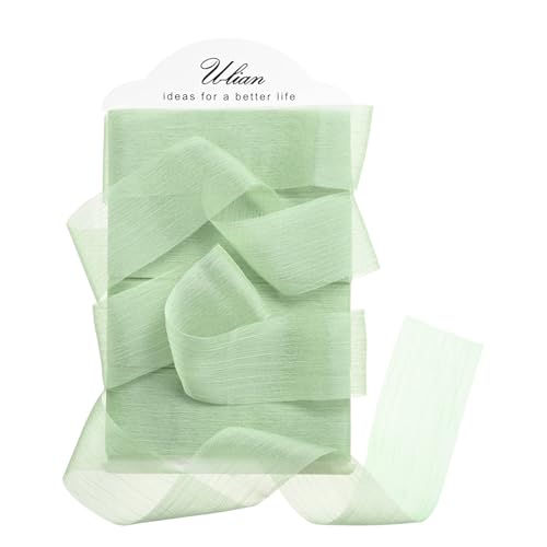 U-LIAN Chiffonband aus Chiffon, 3,8 cm x 12 m, handgefertigt, Fransenband, seidenähnliches Band für Hochzeitseinladungen, Brautsträuße, Geschenke, Verpackung, Bastelarbeiten, Salbeigrün von U-LIAN