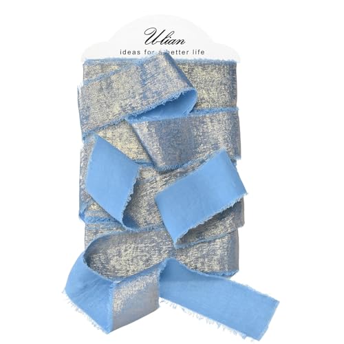 U-LIAN Chiffonband in Blau, metallisch, 3,8 cm x 16 m, goldfarben, Seide, Chiffon, Glitzer, schimmernd, handgefertigt, ausgefranste Bänder für Hochzeitseinladungen, Brautsträuße, Geschenke, von U-LIAN