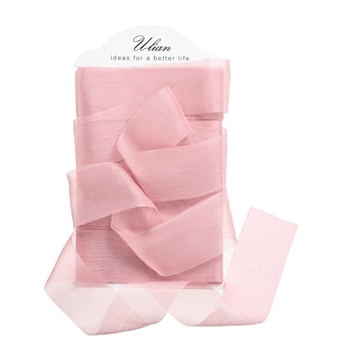 U-LIAN Chiffonband in Rosenrosa, 3,8 cm x 12 m, handgefertigt, Fransenband, Chiffon, seidenähnliches Band für Hochzeitseinladungen, Brautsträuße, Geschenke, Verpackungen, Bastelarbeiten von U-LIAN