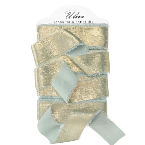 U-LIAN Chiffonband in Salbeigrün, metallisch, 3,8 cm x 16 m, goldfarben, Seide, Chiffon, Glitzer, schimmernd, handgefertigt, ausgefranste Bänder für Hochzeitseinladungen, Brautsträuße, Geschenke, von U-LIAN