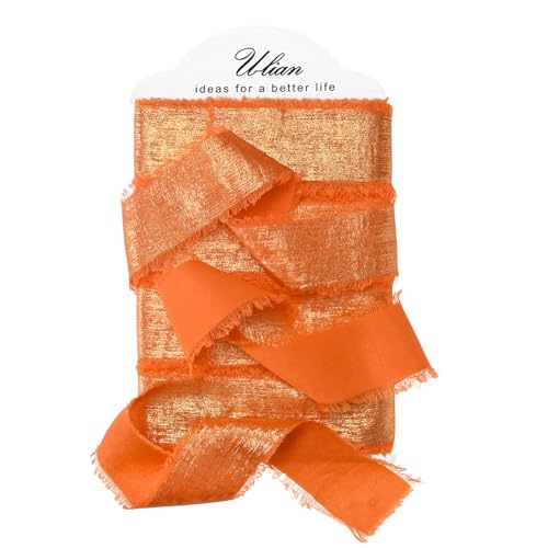 U-LIAN Orangefarbenes metallisches Chiffonband, 3,8 cm x 16 m, goldfarben, Seide, Chiffon, Glitzer, schimmernd, handgefertigt, ausgefranste Bänder für Hochzeitseinladungen, Brautsträuße, Geschenke, von U-LIAN