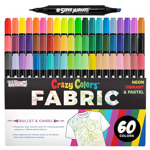 Super Markers 60 einzigartige Primär-, Pastell-, Neon-Farben, Doppelspitze, Stoff- und T-Shirt-Marker-Set – doppelseitige Stoffmarker mit Keilspitze und feiner Spitze – leuchtende, kräftige, von U.S. Art Supply