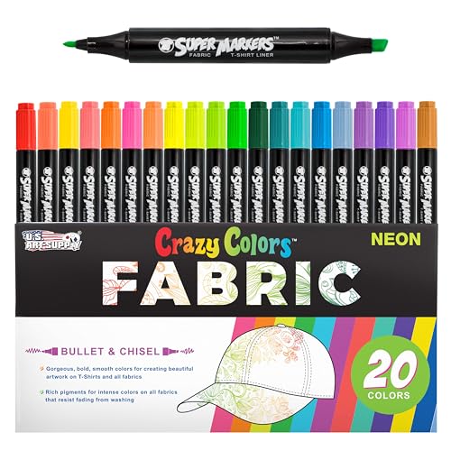 Super Markers Stoff- und T-Shirt-Marker-Set mit Doppelspitze, 20 einzigartige Neonfarben, doppelseitige Stoffmarker mit Keilspitze und feiner Spitze, ultrahelle, kräftige, kräftige permanente Tinte, von U.S. Art Supply