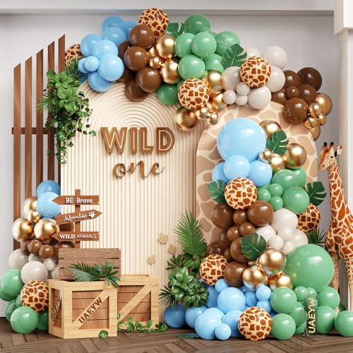 Safari Jungle Wild One Ballonbogen-Girlande-Set, 157 Stück, Salbeigrün, Pastellblau, Braun, Luftballons mit Giraffen-Tierdruck, Palmblätter, Blau von UAEYW