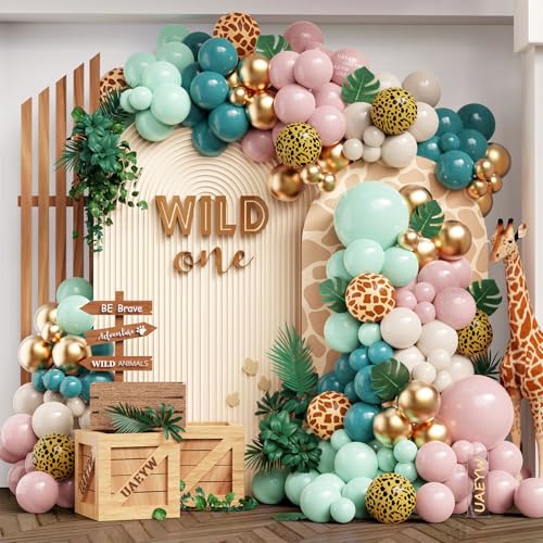 Safari Jungle Wild One Ballonbogen-Girlande-Set, 157 Stück, altrosa-grüne Luftballons mit Giraffen-Tierdruck, Palmblätter, Rosa von UAEYW