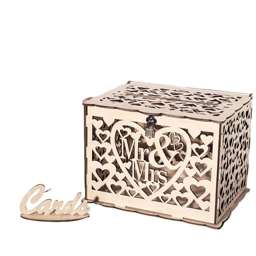 UALXPAO Kartenbox Hochzeit Hochzeitskartenbox aus geschnitztem, durchbrochenem Holz mit Schloss, Mr&Mrs DIY, Paar-Liebesmuster, Umschlag, Schild, Karten, Dekoration, Partyzubehör von UALXPAO