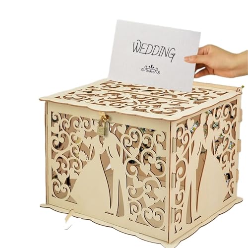 UALXPAO Kartenbox Hochzeit Hochzeitskartenboxen aus Holz mit Schloss, hohl, Mr. & Mrs. Blumenmuster, Umschlag, Schild, Karte, Holzbox, DIY, rustikales Hochzeitszubehör(W03) von UALXPAO