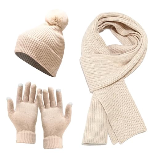 UALXPAO Mütze und Schal Set Damen Damen Mütze, Schal, Handschuhe, Winterhandschuhe, Latzmütze mit Dicker Wolle, hält warm, Halstuch, Mütze, Kälteschutz-Set(Beige) von UALXPAO