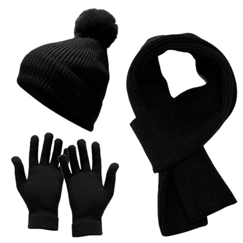 UALXPAO Mütze und Schal Set Damen Damen Mütze, Schal, Handschuhe, Winterhandschuhe, Latzmütze mit Dicker Wolle, hält warm, Halstuch, Mütze, Kälteschutz-Set(Black) von UALXPAO