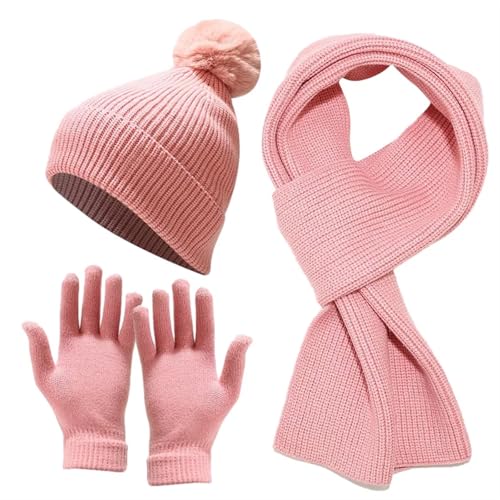 UALXPAO Mütze und Schal Set Damen Damen Mütze, Schal, Handschuhe, Winterhandschuhe, Latzmütze mit Dicker Wolle, hält warm, Halstuch, Mütze, Kälteschutz-Set(Pink) von UALXPAO