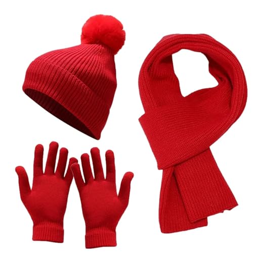 UALXPAO Mütze und Schal Set Damen Damen Mütze, Schal, Handschuhe, Winterhandschuhe, Latzmütze mit Dicker Wolle, hält warm, Halstuch, Mütze, Kälteschutz-Set(Red) von UALXPAO