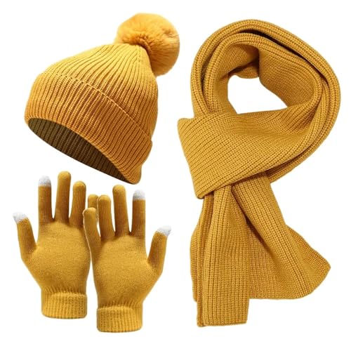 UALXPAO Mütze und Schal Set Damen Damen Mütze, Schal, Handschuhe, Winterhandschuhe, Latzmütze mit Dicker Wolle, hält warm, Halstuch, Mütze, Kälteschutz-Set(Yellow) von UALXPAO