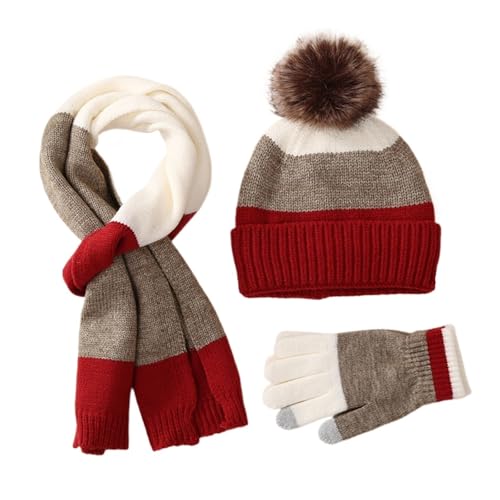 UALXPAO Mütze und Schal Set Damen Handschuhe Schal Hut Set Winter Warm Anzug Plus Wolle Verdickt Strickmütze Handschuhe Und Schal Hut Set(Red) von UALXPAO