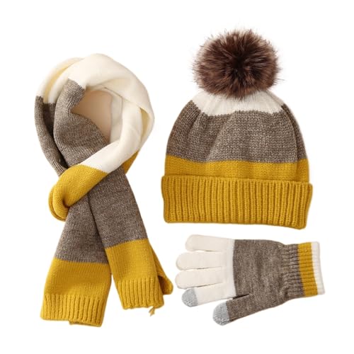 UALXPAO Mütze und Schal Set Damen Handschuhe Schal Hut Set Winter Warm Anzug Plus Wolle Verdickt Strickmütze Handschuhe Und Schal Hut Set(Yellow) von UALXPAO