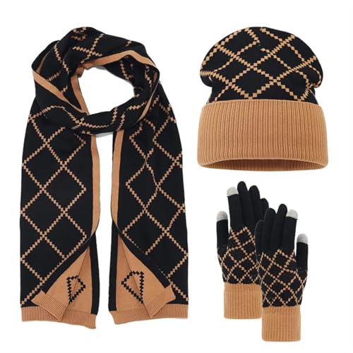 UALXPAO Mütze und Schal Set Damen Herbst Winter Frauen Wollmütze Schal Handschuhe 3 Teile/Satz Männer Frauen Outdoor Plaid Wolle Gestrickte Hüte Caps Halswärmer Handschuhe(Black) von UALXPAO