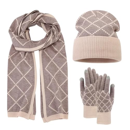 UALXPAO Mütze und Schal Set Damen Herbst Winter Frauen Wollmütze Schal Handschuhe 3 Teile/Satz Männer Frauen Outdoor Plaid Wolle Gestrickte Hüte Caps Halswärmer Handschuhe(Light Gray) von UALXPAO