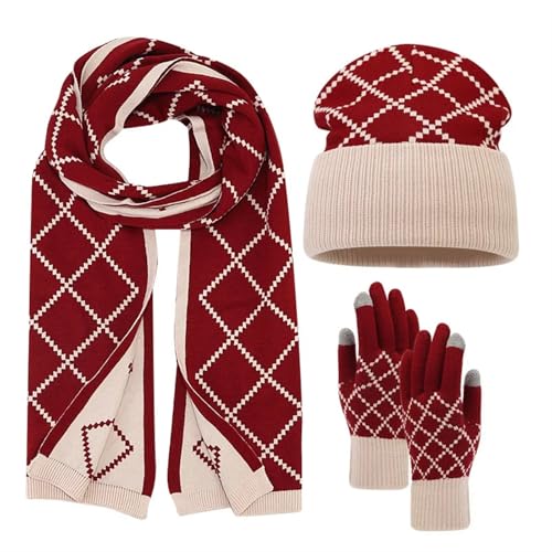 UALXPAO Mütze und Schal Set Damen Herbst Winter Frauen Wollmütze Schal Handschuhe 3 Teile/Satz Männer Frauen Outdoor Plaid Wolle Gestrickte Hüte Caps Halswärmer Handschuhe(RED) von UALXPAO