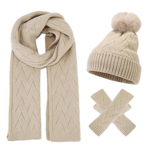 UALXPAO Mütze und Schal Set Damen Winter Frauen Einfarbig Hut Schal Handschuhe 3 Teile/Satz Frauen Faux Pelz Ball Kappe Outdoor Weibliche Plüsch Wolle Hut(Beige) von UALXPAO