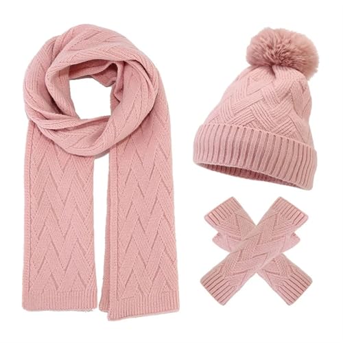 UALXPAO Mütze und Schal Set Damen Winter Frauen Einfarbig Hut Schal Handschuhe 3 Teile/Satz Frauen Faux Pelz Ball Kappe Outdoor Weibliche Plüsch Wolle Hut(Pink) von UALXPAO