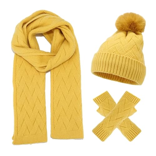 UALXPAO Mütze und Schal Set Damen Winter Frauen Einfarbig Hut Schal Handschuhe 3 Teile/Satz Frauen Faux Pelz Ball Kappe Outdoor Weibliche Plüsch Wolle Hut(Yellow) von UALXPAO