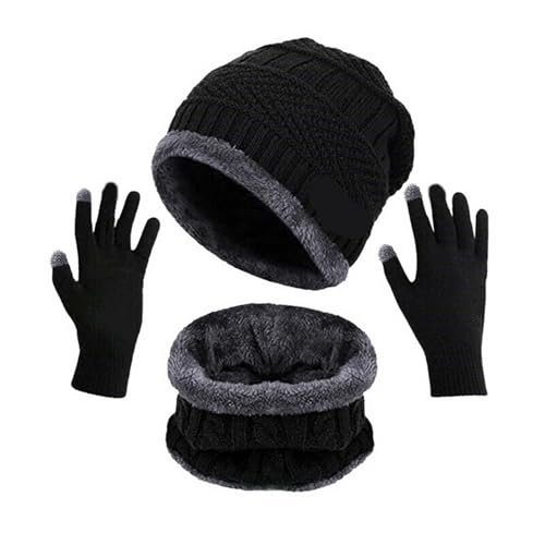 UALXPAO Mütze und Schal Set Damen Winter Männer Frauen Dicke Beanie Hut Strickmütze Winter Cap Beanie Weibliche Wolle Hals Schal Kappe Sturmhaube Maske Motorhaube Hüte Set(3pcs Black) von UALXPAO