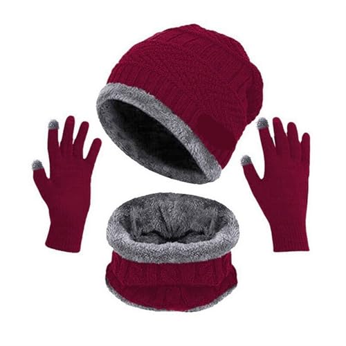 UALXPAO Mütze und Schal Set Damen Winter Männer Frauen Dicke Beanie Hut Strickmütze Winter Cap Beanie Weibliche Wolle Hals Schal Kappe Sturmhaube Maske Motorhaube Hüte Set(3pcs Red Wine) von UALXPAO