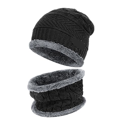 UALXPAO Mütze und Schal Set Damen Winter Männer Frauen Dicke Beanie Hut Strickmütze Winter Cap Beanie Weibliche Wolle Hals Schal Kappe Sturmhaube Maske Motorhaube Hüte Set(Black Hat-Scarf) von UALXPAO