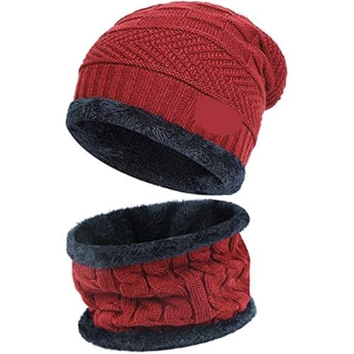 UALXPAO Mütze und Schal Set Damen Winter Männer Frauen Dicke Beanie Hut Strickmütze Winter Cap Beanie Weibliche Wolle Hals Schal Kappe Sturmhaube Maske Motorhaube Hüte Set(Red Hat-Scarf) von UALXPAO