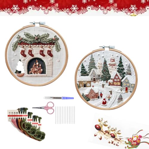 UANACIA Stickerei Set Anfänger Weihnachten, 2pcs Christmas Embroidery Kit, Weihnachts Stickerei Set, DIY Festliches Kreatives Weihnachts Stickset, Stickset für Weihnachtsdekoration von UANACIA