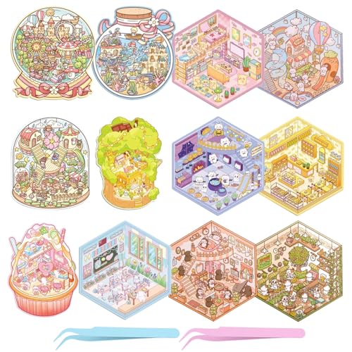 UBERMing 12 Pcs DIY 3D Sticker House Set mit 2 Pinzette, Hausaufkleber 3D Miniature Scene Stickers, Aufkleber Scene Selbermachen von Kaffeehaus Bäckerei Vergnügungspark für Erwachsene und Kinder von UBERMing