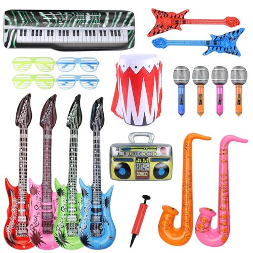 Aufblasbare Rock Star Toys Set, 20 Pcs Aufblasbare Instrumente, Dekoration Karneval Party luftgitarren zum Aufblasen, Bass, Saxophon, Mikrofone, Keyboards, Drum & Party Brille für Kinder von UBETTER