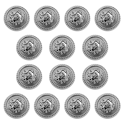 Buttons, Silberne runde Metallknöpfe im britischen Retro-Stil, Schildabzeichen mit Gravur, antike Nähknöpfe for Selbermachen, Ersatzknöpfe for Anzug, Mantel, Windjacke, Kleidungszubehör(15mm(0.6'') 14 von UBFSNKVX