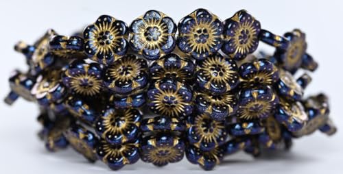 100 Stück Blumen gepresste Glasperlen, 86966 Gold liniert (86966-54202), 14 mm, Glas, Tschechische Republik von UBJSFASASND