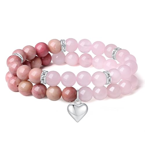 Herz-Armband für Frauen, Heilkristalle, 8 mm, Liebes-Charm-Armband für Frauen, Naturstein, Stretch-Perlen, Armband, Geschenke für Frauen, 2 Stück von UBJSFASASND