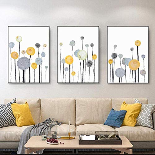 UBVV Leinwand Bilder Abstrakte Gelb Grau Blumen Wandkunst Poster Minimalistisches Pflanze Wandbild Hintergrund Wanddekoration Ungerahmt (23.6”x 35.4”(60x90cm) x3) von UBVV