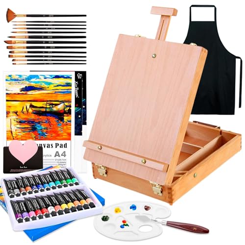 UCAMP Acrylfarbe Set für Künstler-44 teilige Malset,Tischstaffelei Box,mit 24 Acrylfarben, 12er Pinselset,Spachtelmesser und Mixpalette,A4-Ölgemäldebuch + 2* weißes Zeichenbrett,Schürze von UCAMP